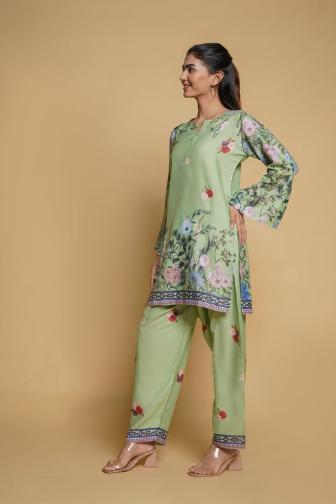 Aarti in Printkari Poly Muslin Co-ord set in Green